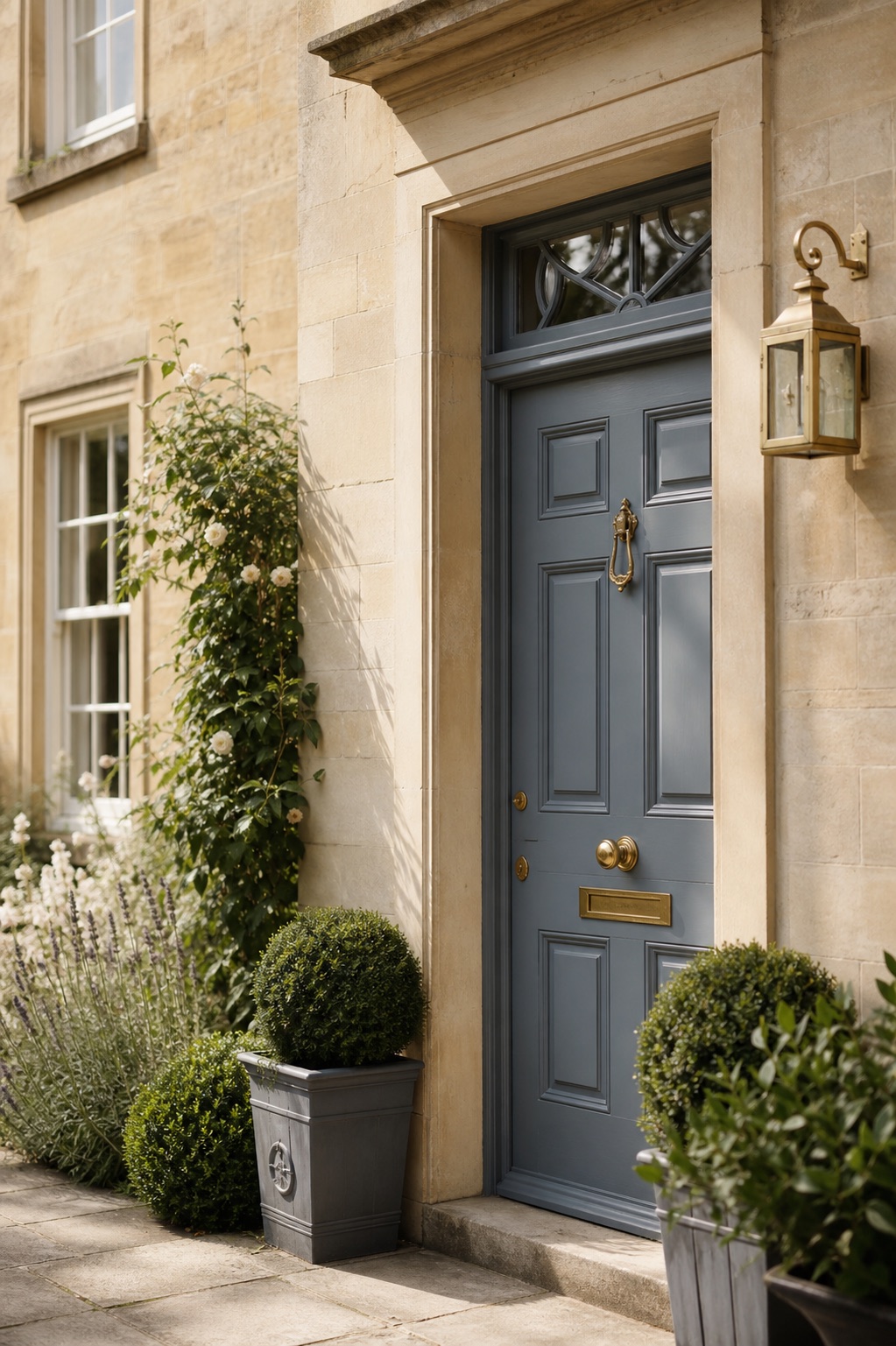 Refined Cotswolds stone property entrance with blue-grey door